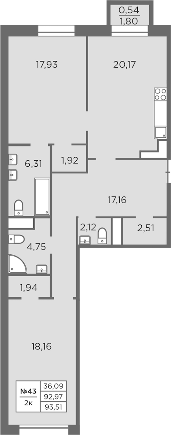 2-комнатная квартира 93.51 м², 6/7 эт., ЖК «Северная Корона»